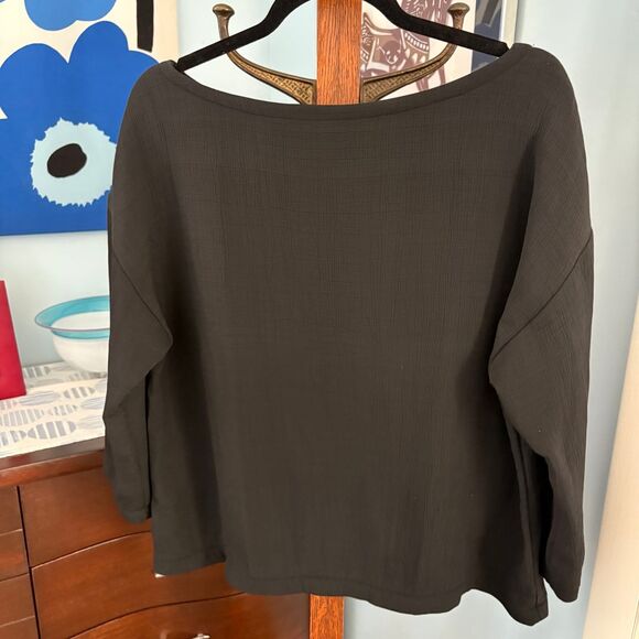 Eileen Fisher Silk Blend Boatneck 3/4 Sleeve Double Layer "Sponge" Top Black L - Picture 5 of 7